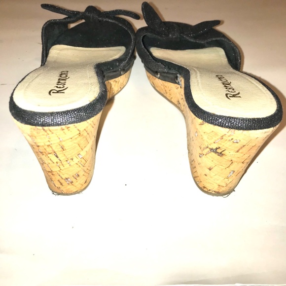 Restricted Black Silver Fleck Cork Wedge Sandals Slides Bow Studded Size 10 - Picture 7 of 13